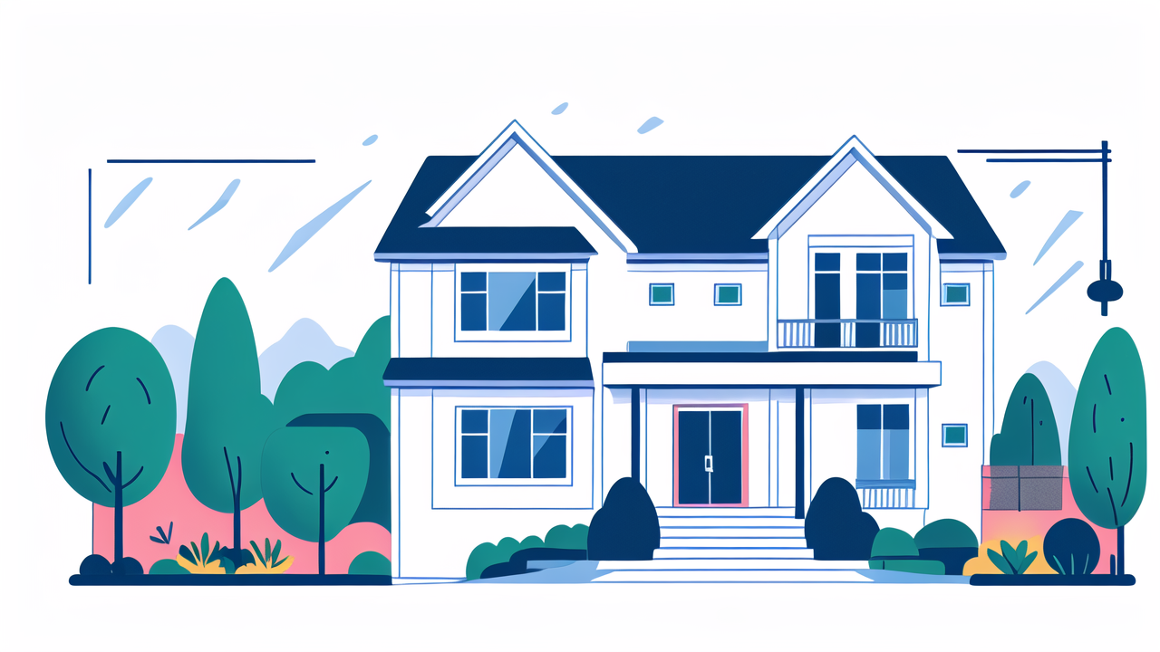 Charming white house with dark blue roof, lush greenery, and fence post lights