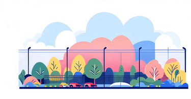 mondria, Vibrant cityscape illustration featuring colorful buildings and privacy fence.