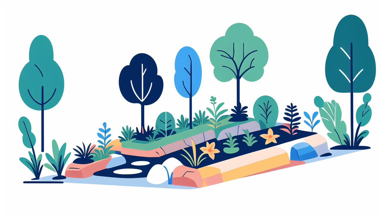 Vibrant cityscape illustration with modern buildings, lush trees, and flower gardening.