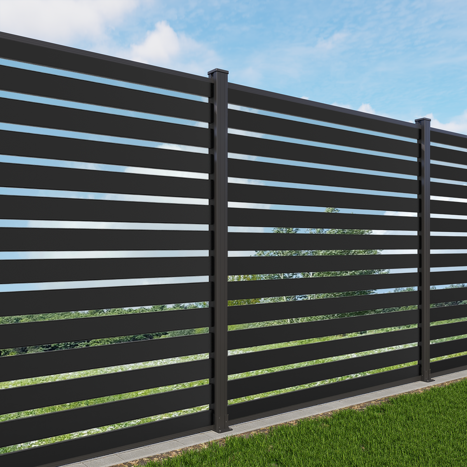 Mondaria 6x6 modern aluminum open slat fence panel with concrete mount