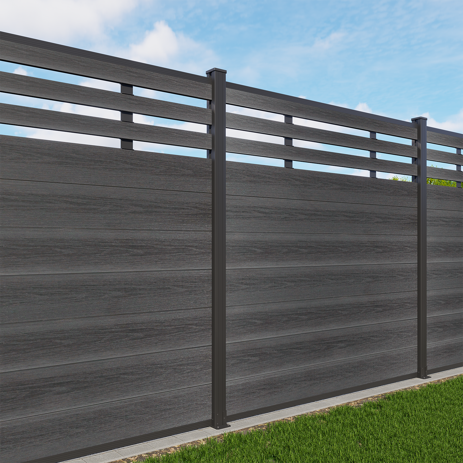 Mondaria black lattice top composite privacy fence with grained finish and 6ft ground post