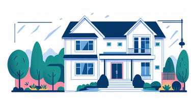 Charming white house with dark blue roof, lush greenery, and fence post lights