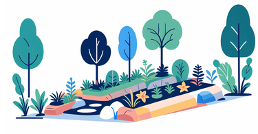 Vibrant cityscape illustration with modern buildings, lush trees, and flower gardening.