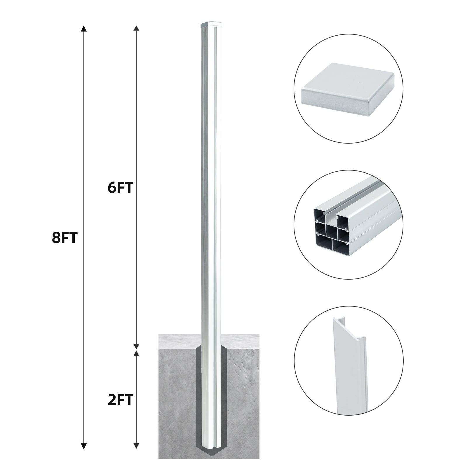 8 Ft Silver In-Ground Fence Post - Set of 1 (Concrete Installation)