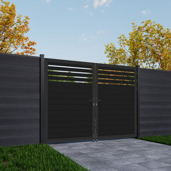 Mondaria 6ft H × 8ft W Aluminum Semi-Privacy Double Swing Gate – Modern, Secure & Airflow-Friendly