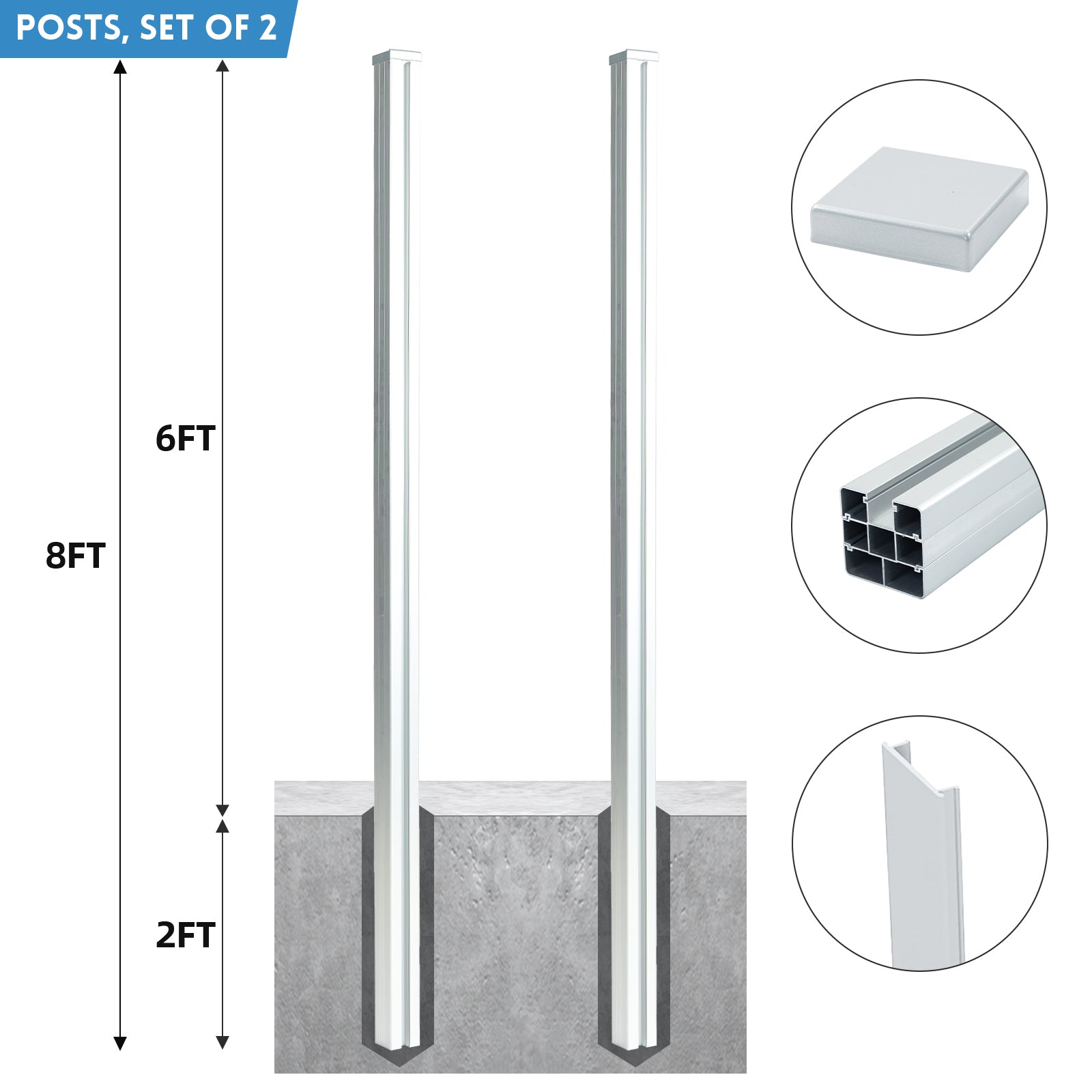 8 Ft Silver In-Ground Fence Post - Set of 2 (Concrete Installation)