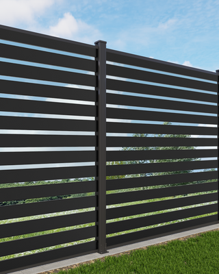 Mondaria 6x6 modern aluminum open slat fence panel with concrete mount