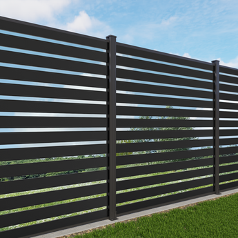 Mondaria 6x6 modern aluminum open slat fence panel with concrete mount
