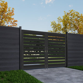 Mondaria 5ft H × 6ft W Full-Open Aluminum Double Swing Gate – Modern Horizontal Slat Design, Rust-Proof & Low Maintenance