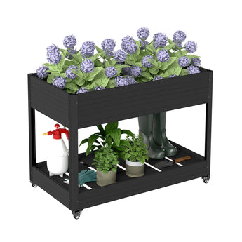 Composite Raised Garden Bed With Lockable Wheels & Shelf, Elevated Planter Box For Flower Vegetable Grow