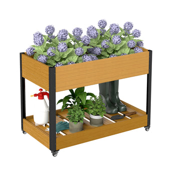 Composite Raised Garden Bed With Lockable Wheels & Shelf, Elevated Planter Box For Flower Vegetable Grow